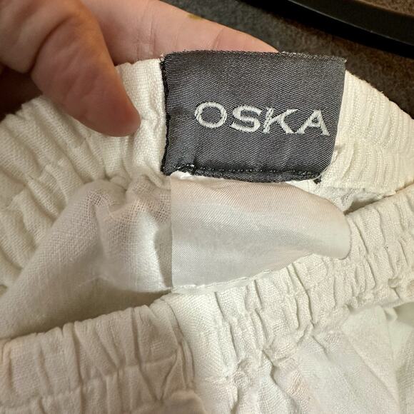 OSKA 100% Linen Wide Leg Cropped Pants White Elastic Waist Pockets Large - Picture 6 of 10